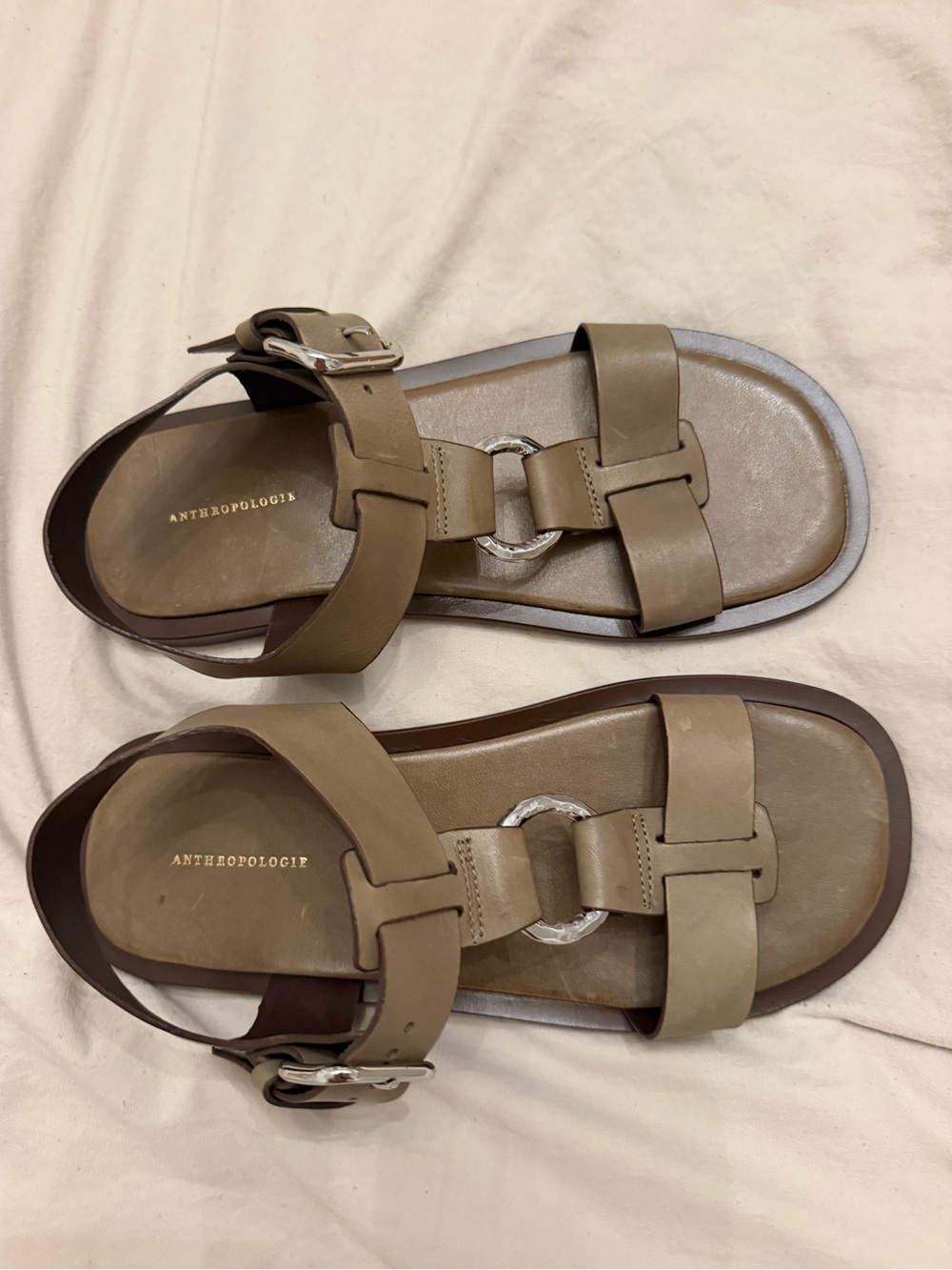 Anthropologie Taupe Buckle Leather Strap Sandals Silver Accent